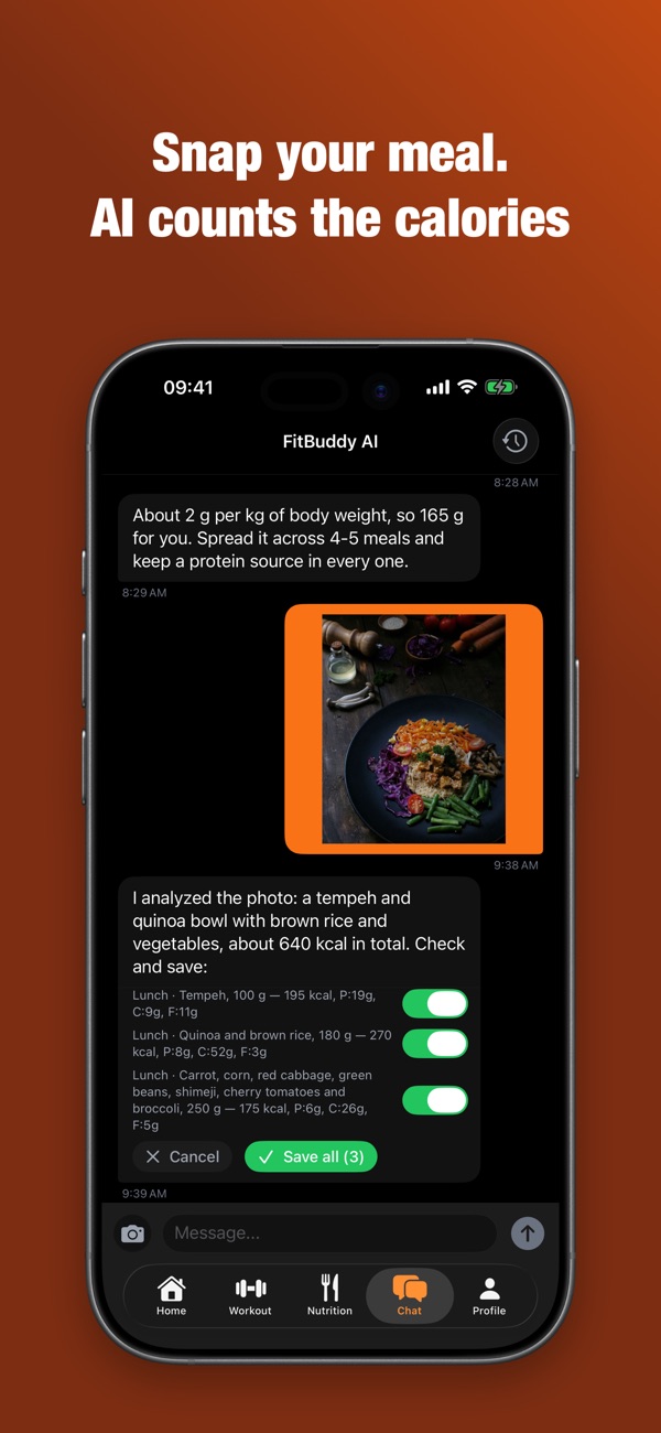 FitBuddy AI coach chat: a food photo is analyzed and about 640 kcal are counted