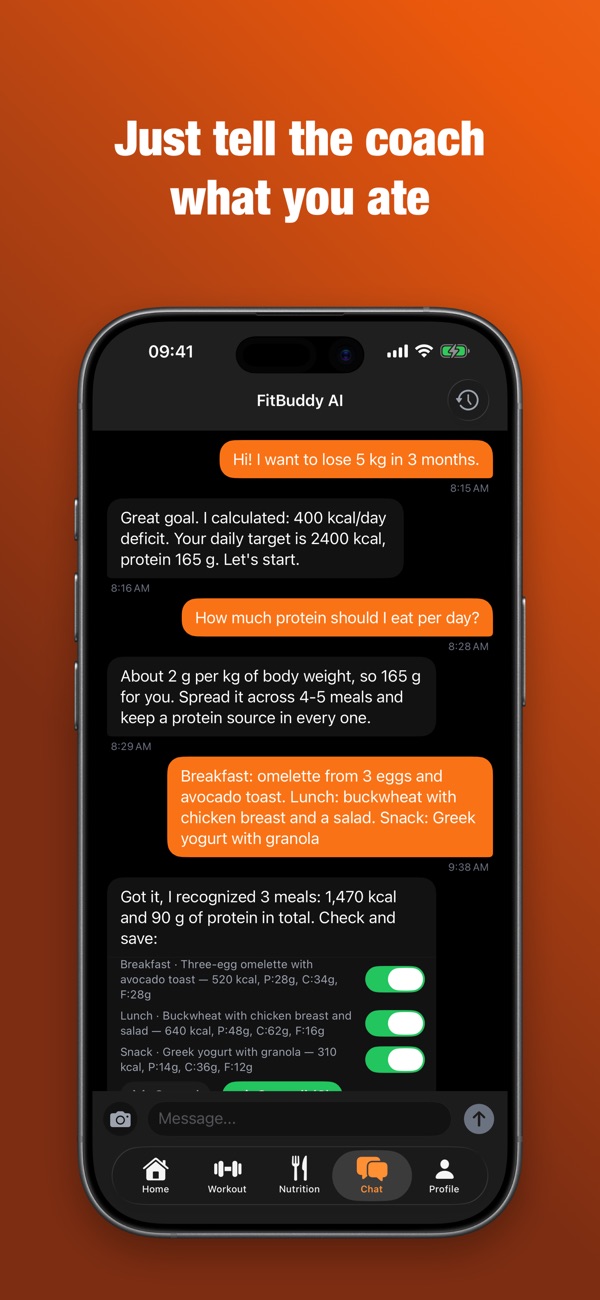 FitBuddy AI coach chat: a weight-loss goal, a protein target and three meals logged with a confirmation
