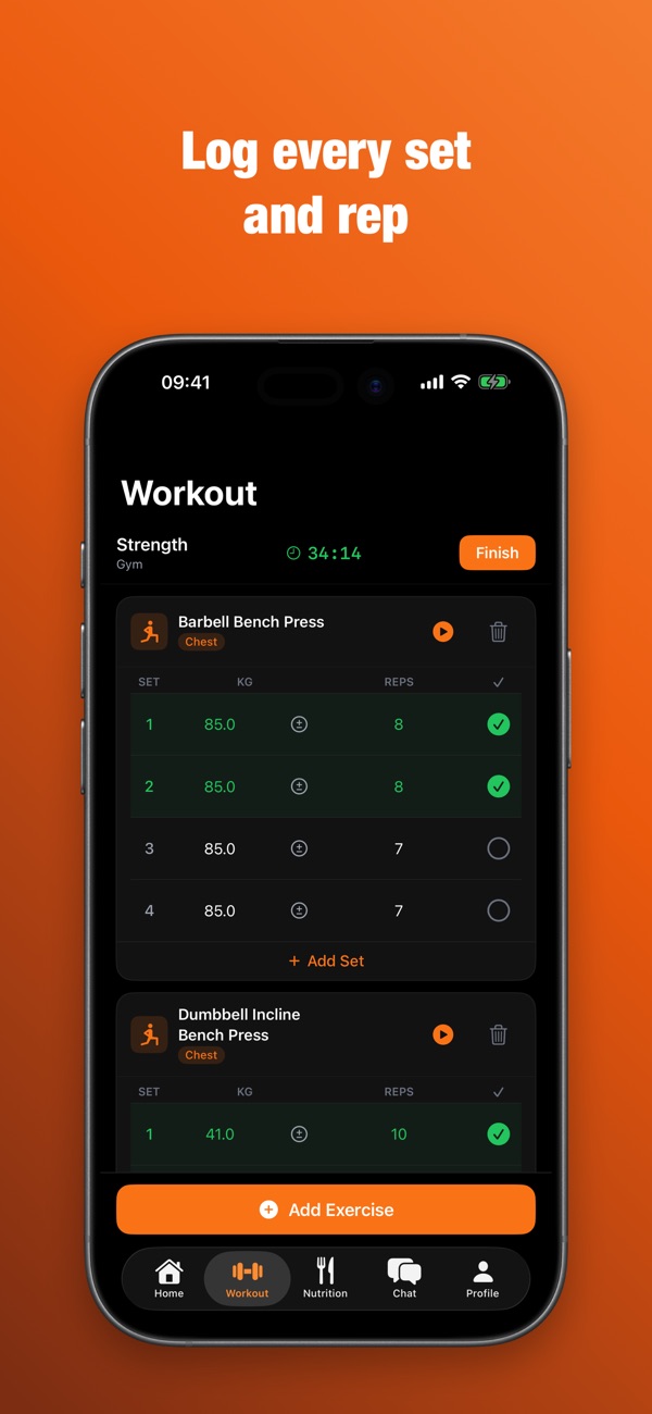 An active strength workout in FitBuddy: sets with weight and reps and an Add set button