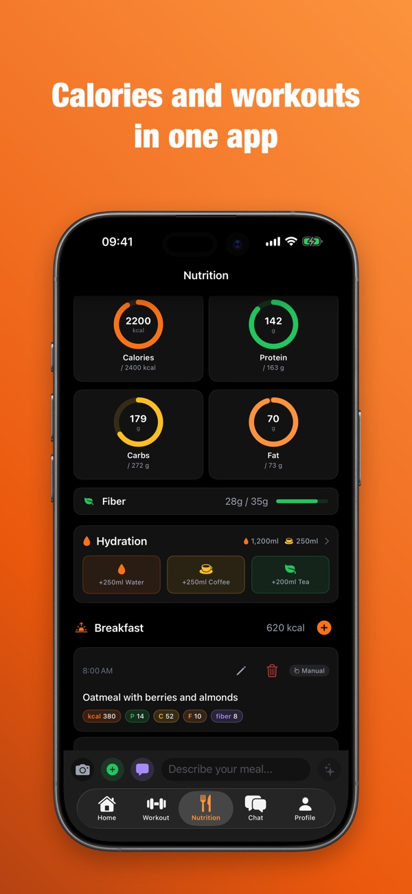 FitBuddy Nutrition screen: calorie, protein, carb and fat rings, hydration and a logged breakfast