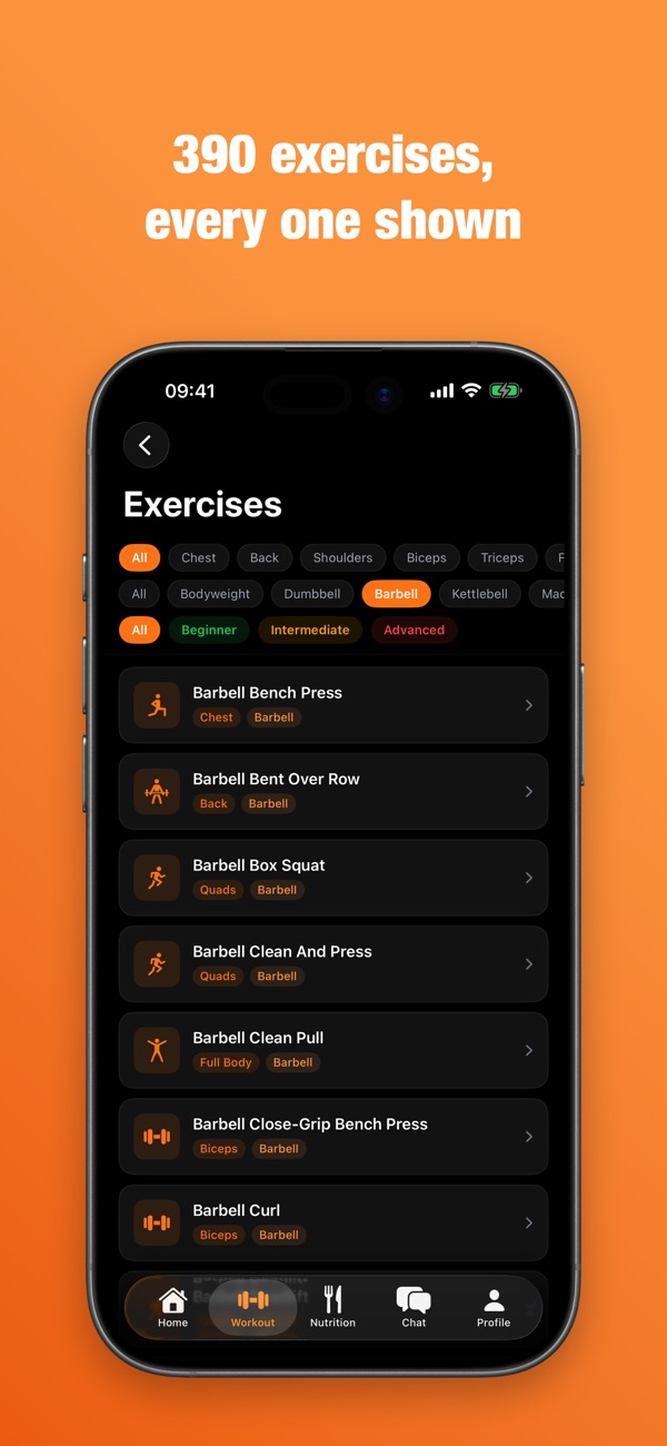 The FitBuddy library of 390 exercises with muscle, equipment and difficulty filters