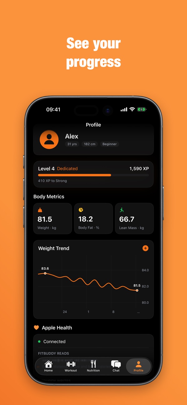 FitBuddy profile: level with XP, body metrics and a weight trend chart